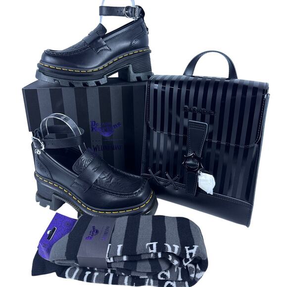 Dr. Martens Wednesday Adams Backpack, Corran Loafers, and Outcasts Are In Socks - Picture 1 of 16